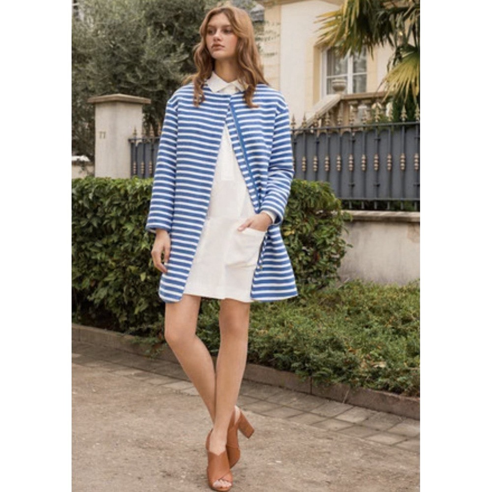Frnch Blue/White Striped Nautical 3/4‎ Sleeve Zip Up Heavy Size Small Coat 426